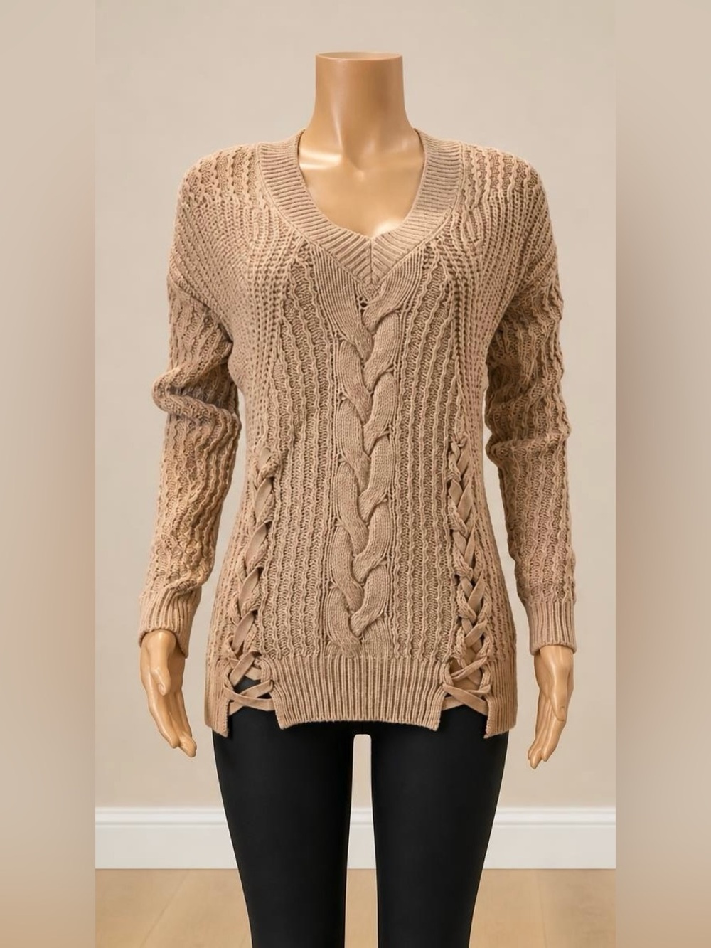 Express Dusty Mauve Chunky Cable Knit Lace Up V Neck Sweater XS NWT